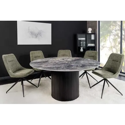 Table à manger ronde UNIQUE Ø120 cm – Plateau en céramique noire effet marbre & pied colonne 2