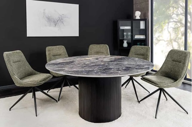 Table à manger ronde UNIQUE Ø120 cm – Plateau en céramique noire effet marbre & pied colonne