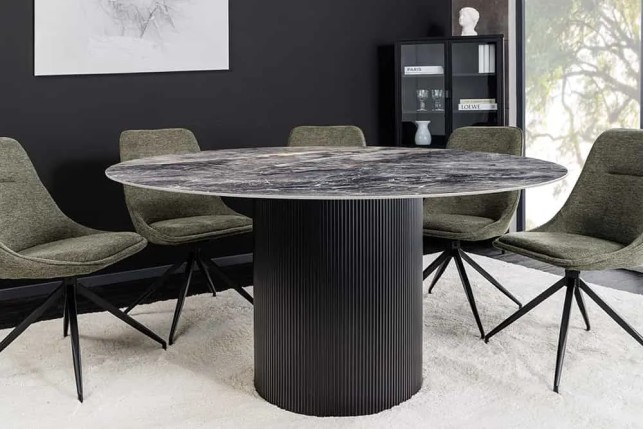 Table à manger ronde UNIQUE Ø120 cm – Plateau en céramique noire effet marbre & pied colonne
