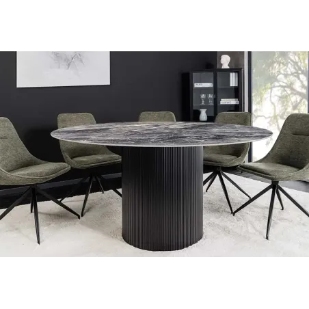 Table à manger ronde UNIQUE Ø120 cm – Plateau en céramique noire effet marbre & pied colonne