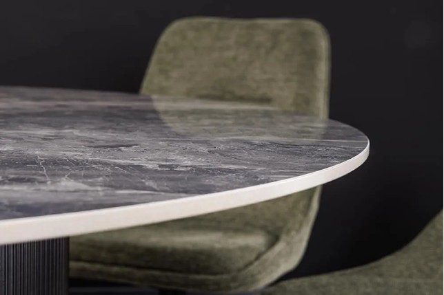 Table à manger ronde UNIQUE Ø120 cm – Plateau en céramique noire effet marbre & pied colonne