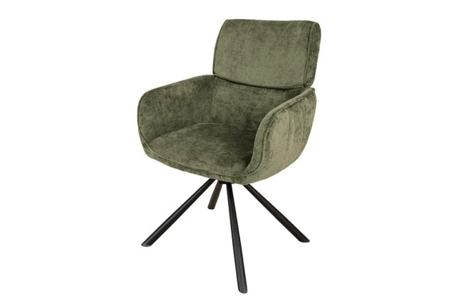 Chaise rétro pivotante UNIQUE – Tissu chenille vert avec accoudoirs & pieds en métal noir