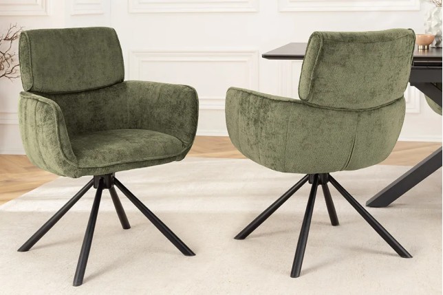 Chaise rétro pivotante UNIQUE – Tissu chenille vert avec accoudoirs & pieds en métal noir