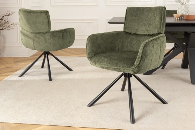 Chaise rétro pivotante UNIQUE – Tissu chenille vert avec accoudoirs & pieds en métal noir
