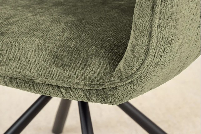Chaise rétro pivotante UNIQUE – Tissu chenille vert avec accoudoirs & pieds en métal noir