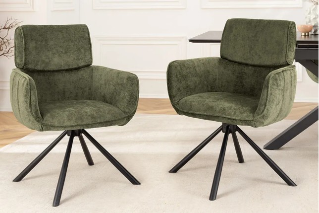 Chaise rétro pivotante UNIQUE – Tissu chenille vert avec accoudoirs & pieds en métal noir