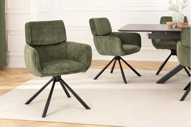 Chaise rétro pivotante UNIQUE – Tissu chenille vert avec accoudoirs & pieds en métal noir