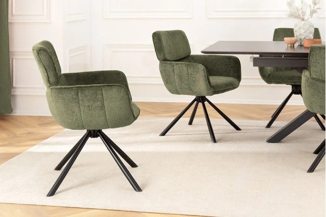 Chaise rétro pivotante UNIQUE – Tissu chenille vert avec accoudoirs & pieds en métal noir