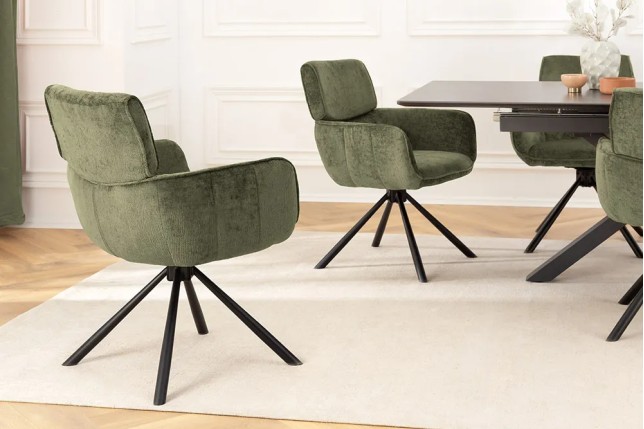 Chaise rétro pivotante UNIQUE – Tissu chenille vert avec accoudoirs & pieds en métal noir
