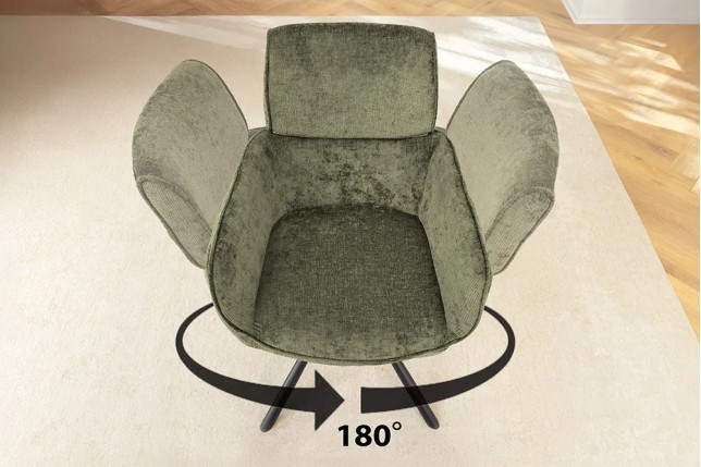 Chaise rétro pivotante UNIQUE – Tissu chenille vert avec accoudoirs & pieds en métal noir