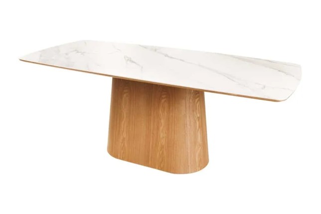 Table à manger design UNIQUE 200 cm – Plateau en céramique blanc effet marbre & pied colonne en chêne