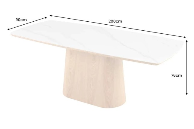 Table à manger design UNIQUE 200 cm – Plateau en céramique blanc effet marbre & pied colonne en chêne
