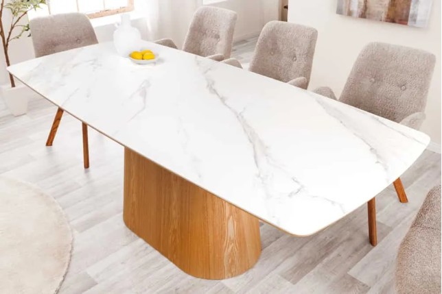 Table à manger design UNIQUE 200 cm – Plateau en céramique blanc effet marbre & pied colonne en chêne