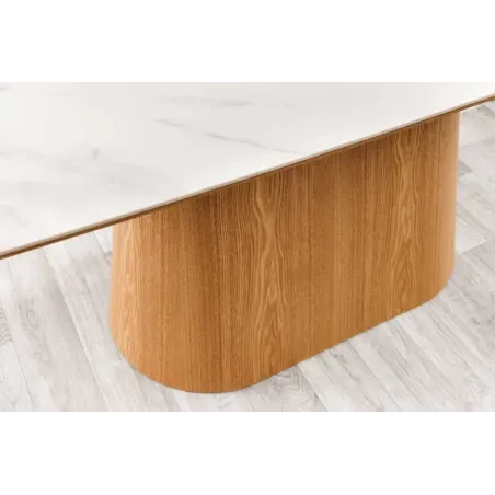 Table à manger design UNIQUE 200 cm – Plateau en céramique blanc effet marbre & pied colonne en chêne