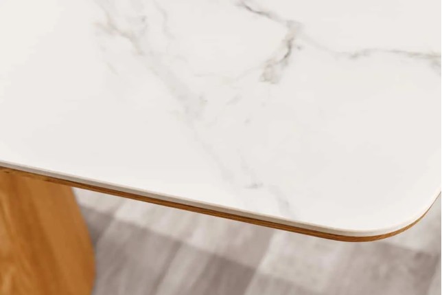 Table à manger design UNIQUE 200 cm – Plateau en céramique blanc effet marbre & pied colonne en chêne