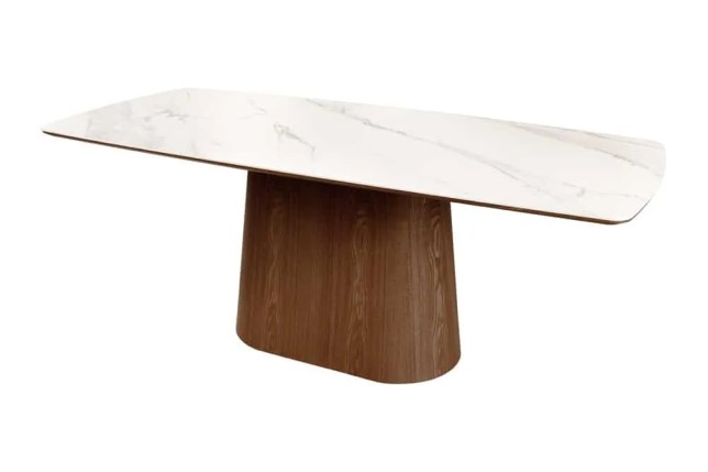 Table à manger design UNIQUE 200 cm – Plateau céramique blanc effet marbre & pied colonne noyer