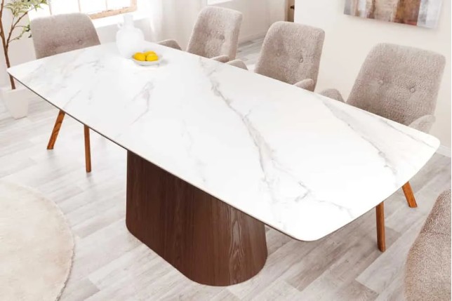 Table à manger design UNIQUE 200 cm – Plateau céramique blanc effet marbre & pied colonne noyer
