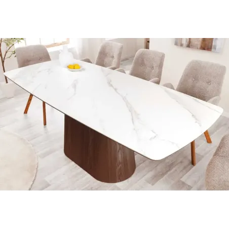 Table à manger design UNIQUE 200 cm – Plateau céramique blanc effet marbre & pied colonne noyer
