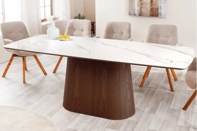 Table à manger design UNIQUE 200 cm – Plateau céramique blanc effet marbre & pied colonne noyer