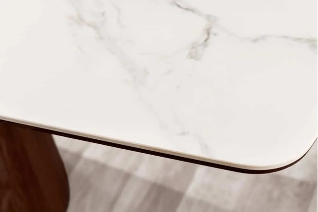 Table à manger design UNIQUE 200 cm – Plateau céramique blanc effet marbre & pied colonne noyer