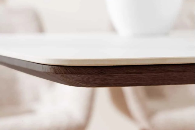 Table à manger design UNIQUE 200 cm – Plateau céramique blanc effet marbre & pied colonne noyer