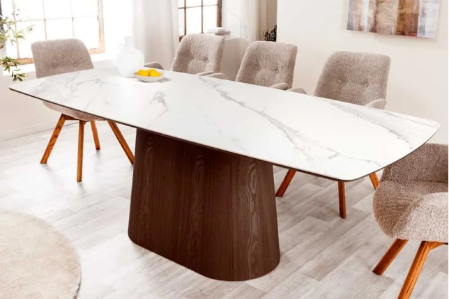 Table à manger design UNIQUE 200 cm – Plateau céramique blanc effet marbre & pied colonne noyer