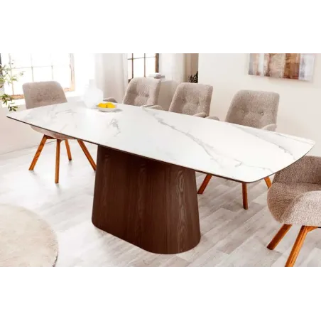 Table à manger design UNIQUE 200 cm – Plateau céramique blanc effet marbre & pied colonne noyer