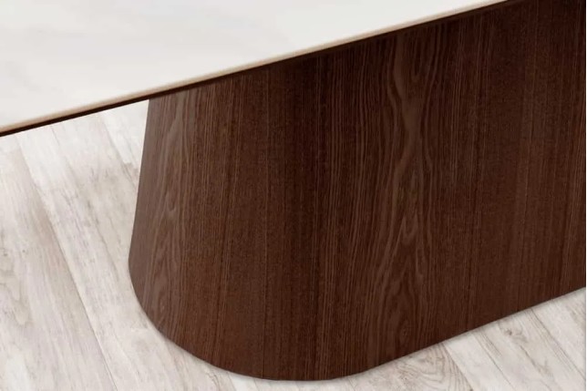 Table à manger design UNIQUE 200 cm – Plateau céramique blanc effet marbre & pied colonne noyer