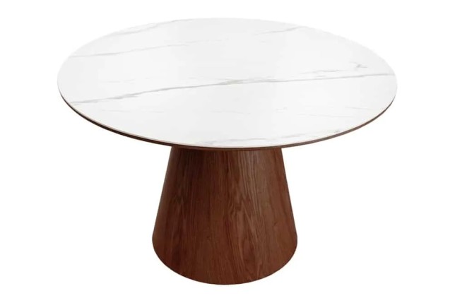 Table à manger ronde UNIQUE 120 cm – Plateau céramique blanc effet marbre & pied colonne noyer