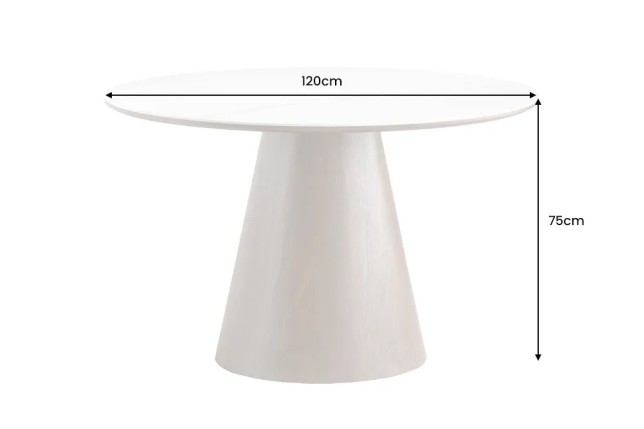 Table à manger ronde UNIQUE 120 cm – Plateau céramique blanc effet marbre & pied colonne noyer