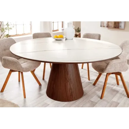 Table à manger ronde UNIQUE 120 cm – Plateau céramique blanc effet marbre & pied colonne noyer 2