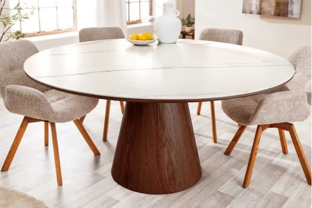 Table à manger ronde UNIQUE 120 cm – Plateau céramique blanc effet marbre & pied colonne noyer
