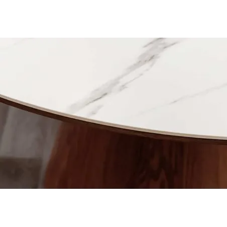 Table à manger ronde UNIQUE 120 cm – Plateau céramique blanc effet marbre & pied colonne noyer