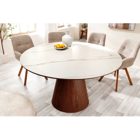 Table à manger ronde UNIQUE 120 cm – Plateau céramique blanc effet marbre & pied colonne noyer