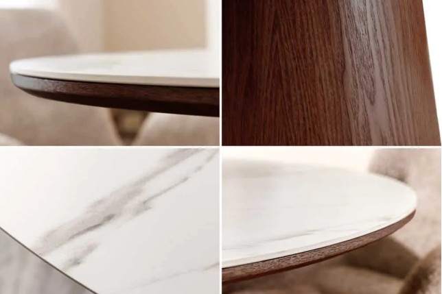 Table à manger ronde UNIQUE 120 cm – Plateau céramique blanc effet marbre & pied colonne noyer