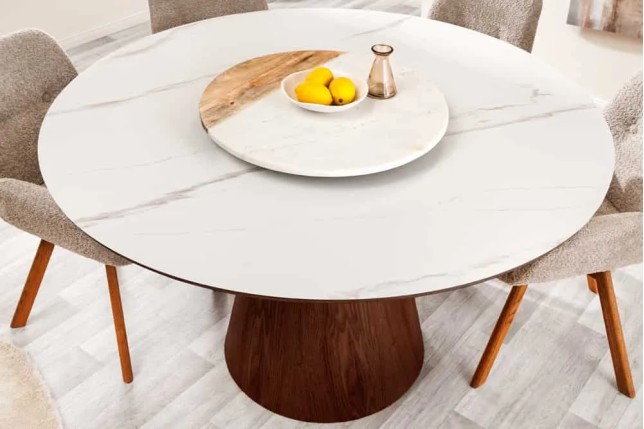 Table à manger ronde UNIQUE 120 cm – Plateau céramique blanc effet marbre & pied colonne noyer