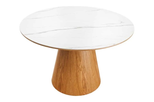 Table à manger ronde UNIQUE 120 cm – Plateau céramique blanc effet marbre & pied colonne en chêne naturel