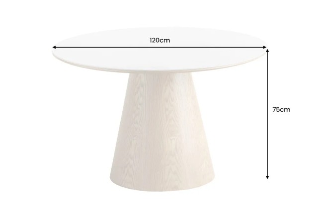Table à manger ronde UNIQUE 120 cm – Plateau céramique blanc effet marbre & pied colonne en chêne naturel
