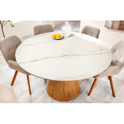 Table à manger ronde UNIQUE 120 cm – Plateau céramique blanc effet marbre & pied colonne en chêne naturel 2