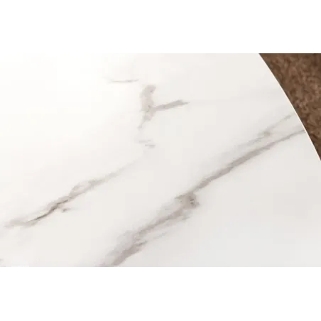 Table à manger ronde UNIQUE 120 cm – Plateau céramique blanc effet marbre & pied colonne en chêne naturel