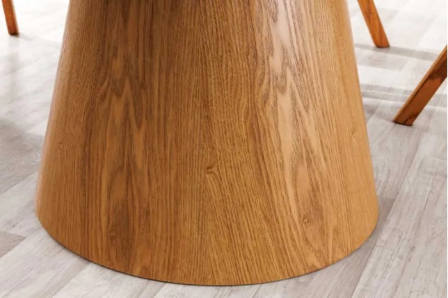 Table à manger ronde UNIQUE 120 cm – Plateau céramique blanc effet marbre & pied colonne en chêne naturel