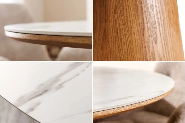 Table à manger ronde UNIQUE 120 cm – Plateau céramique blanc effet marbre & pied colonne en chêne naturel