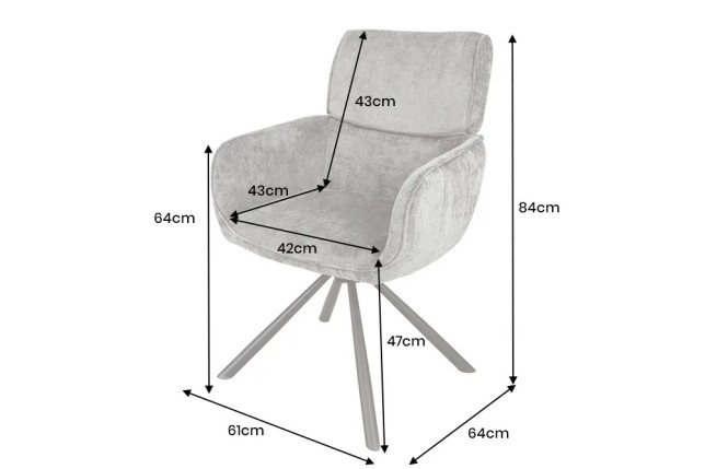 Chaise de salle à manger rétro pivotante UNIQUE – Chenille grise & piètement métal noir avec accoudoirs
