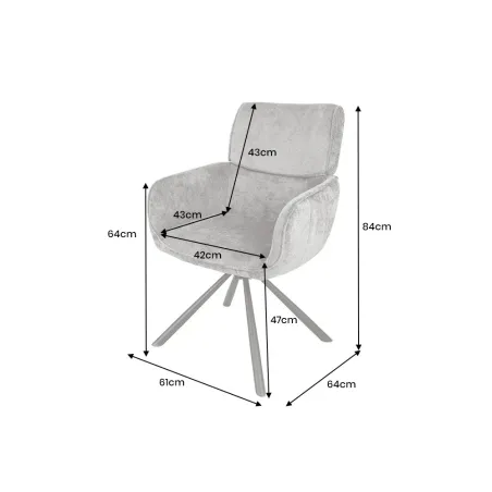 Chaise de salle à manger rétro pivotante UNIQUE – Chenille grise & piètement métal noir avec accoudoirs