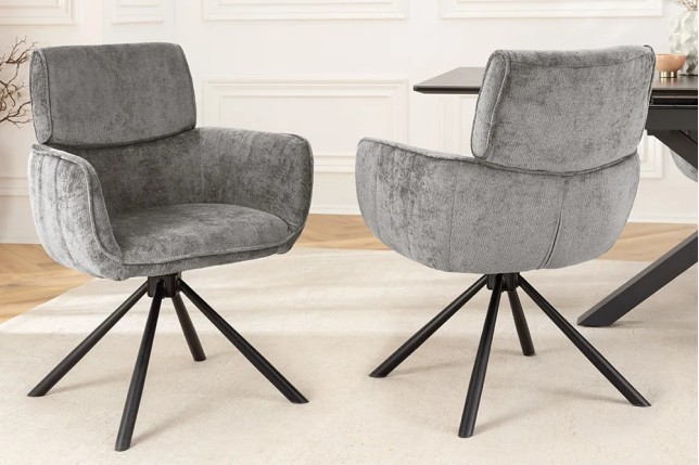 Chaise de salle à manger rétro pivotante UNIQUE – Chenille grise & piètement métal noir avec accoudoirs