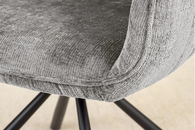 Chaise de salle à manger rétro pivotante UNIQUE – Chenille grise & piètement métal noir avec accoudoirs