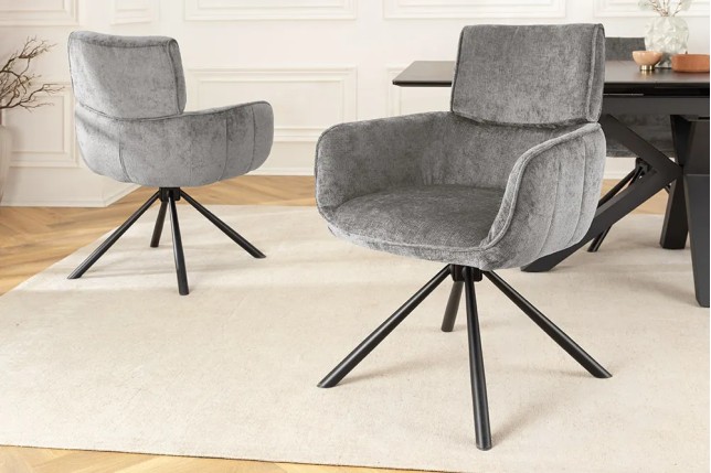 Chaise de salle à manger rétro pivotante UNIQUE – Chenille grise & piètement métal noir avec accoudoirs