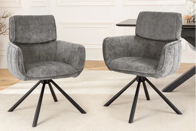 Chaise de salle à manger rétro pivotante UNIQUE – Chenille grise & piètement métal noir avec accoudoirs
