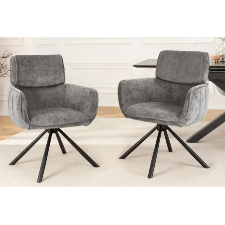 Chaise de salle à manger rétro pivotante UNIQUE – Chenille grise & piètement métal noir avec accoudoirs