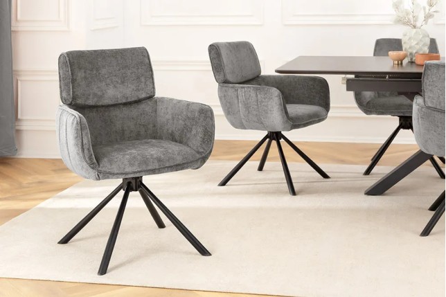 Chaise de salle à manger rétro pivotante UNIQUE – Chenille grise & piètement métal noir avec accoudoirs